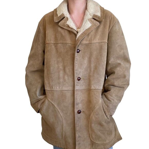 Vintage 80s Mens Aldens Tan Brown Suede Faux Shearling Lined Western Jacket 44R - Picture 10 of 11